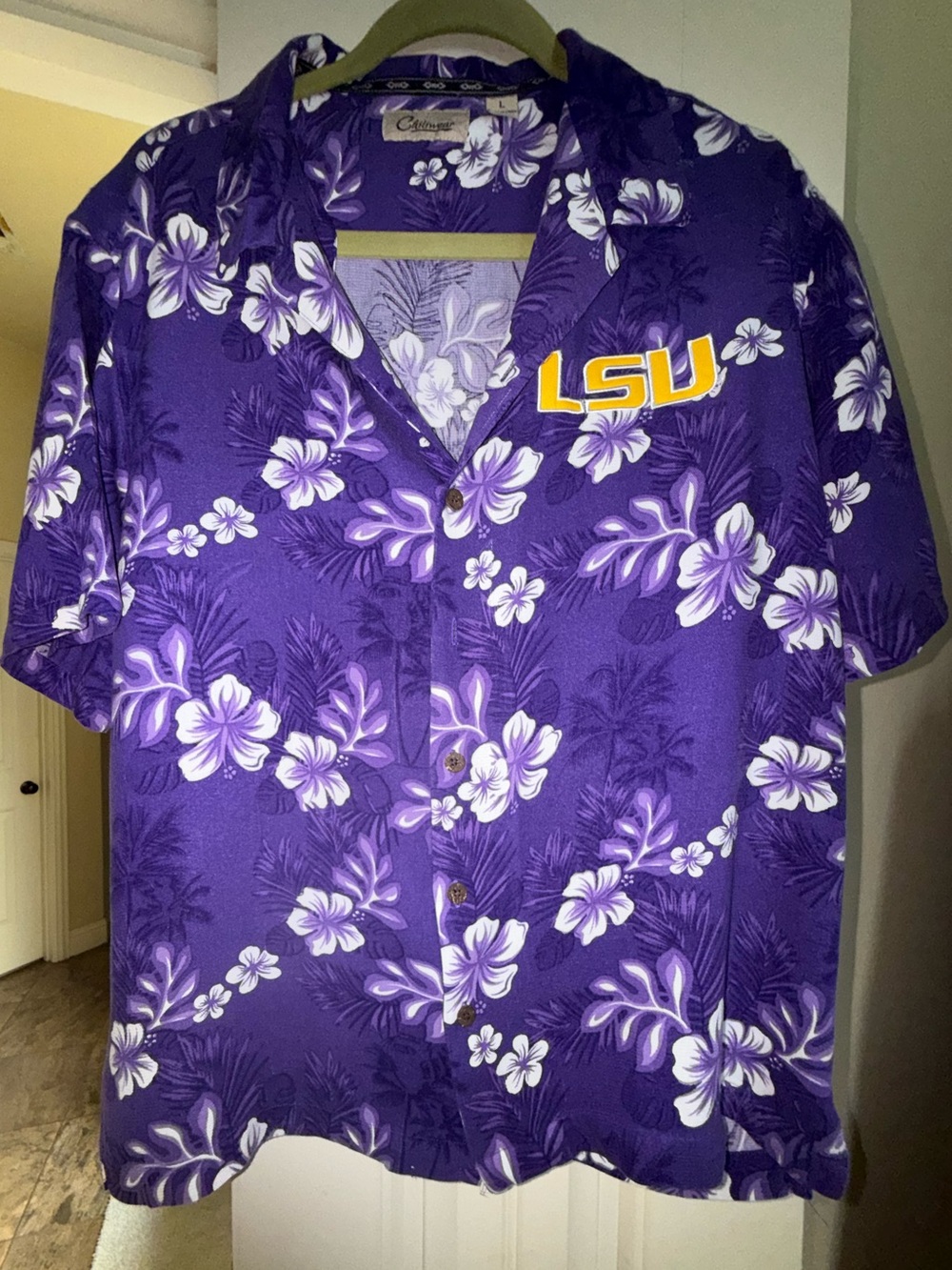 LSU Men's Purple Floral Short-Sleeve Button-Down Shirt
